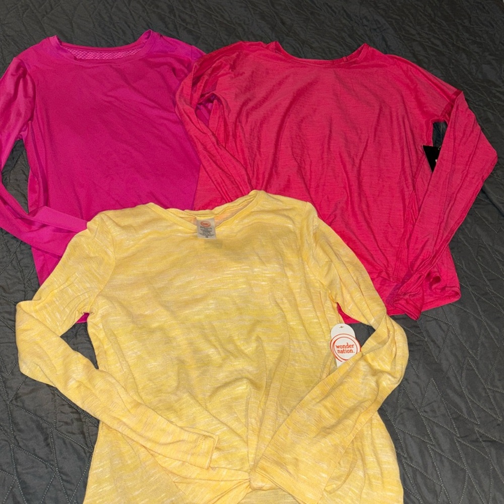 3 NWT Avis pink athletic shirt, fusia long sleeve tee yellow twist front top xl